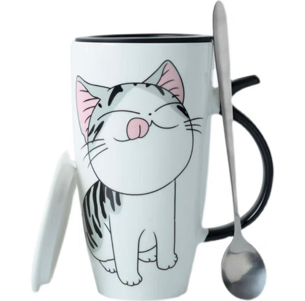 卡通猫陶瓷马克杯带盖勺吸管